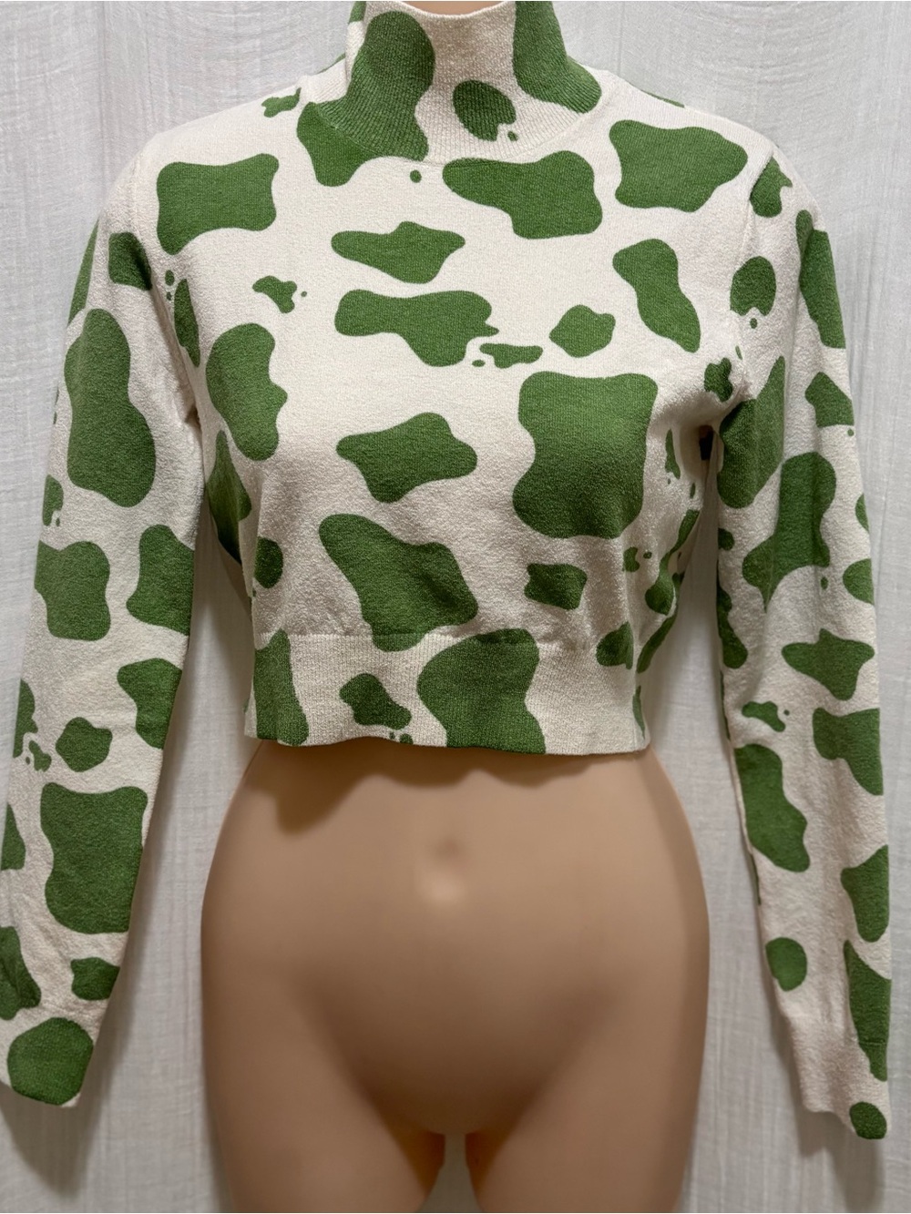 Zara Cow Print Green & Cream Cropped Mock Neck Sweater Top